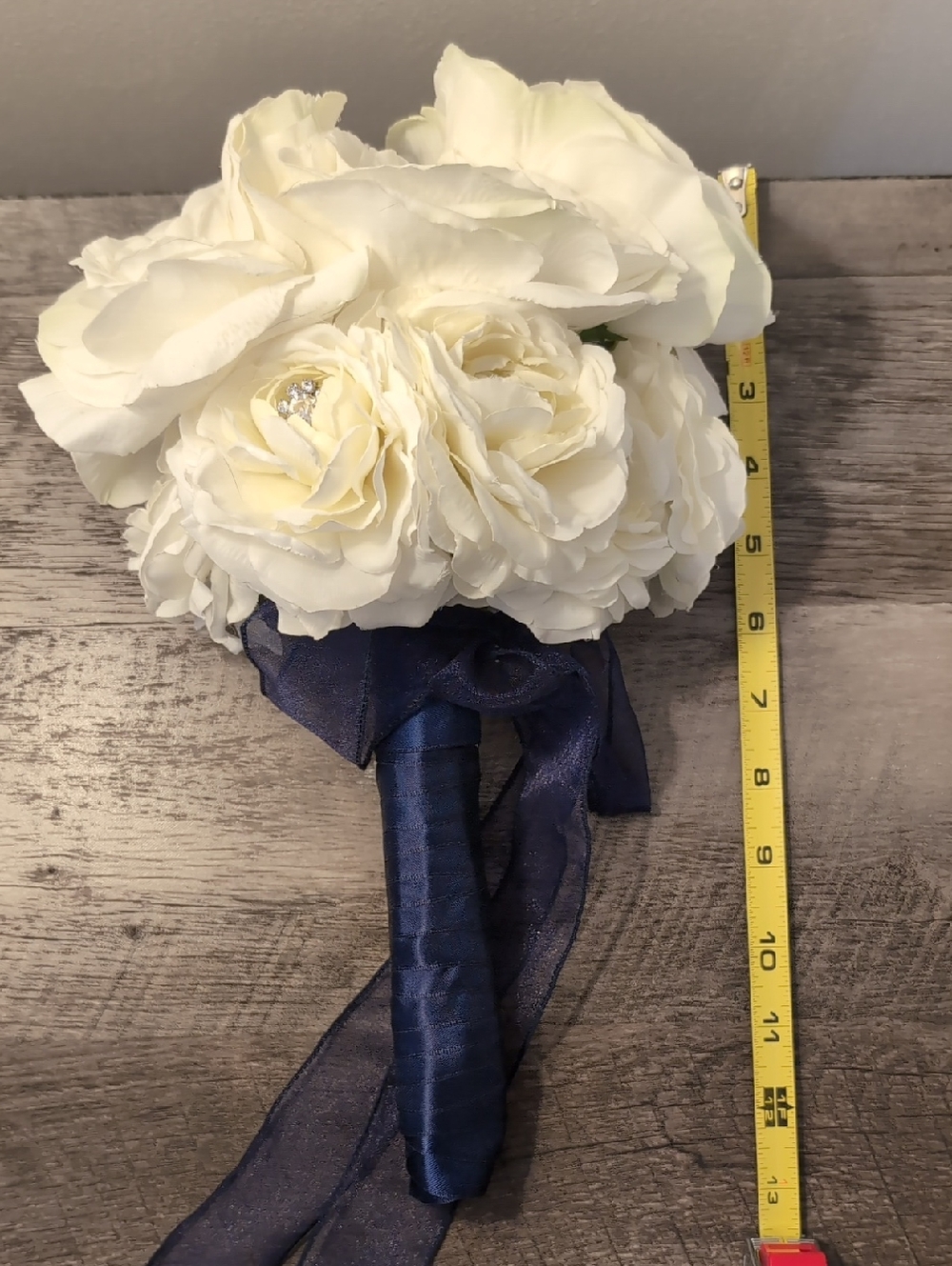 Artificial Bridal Bouquet - White Peony with Sparkles & Navy Blue Ribbon Handle - Picture 9 of 10